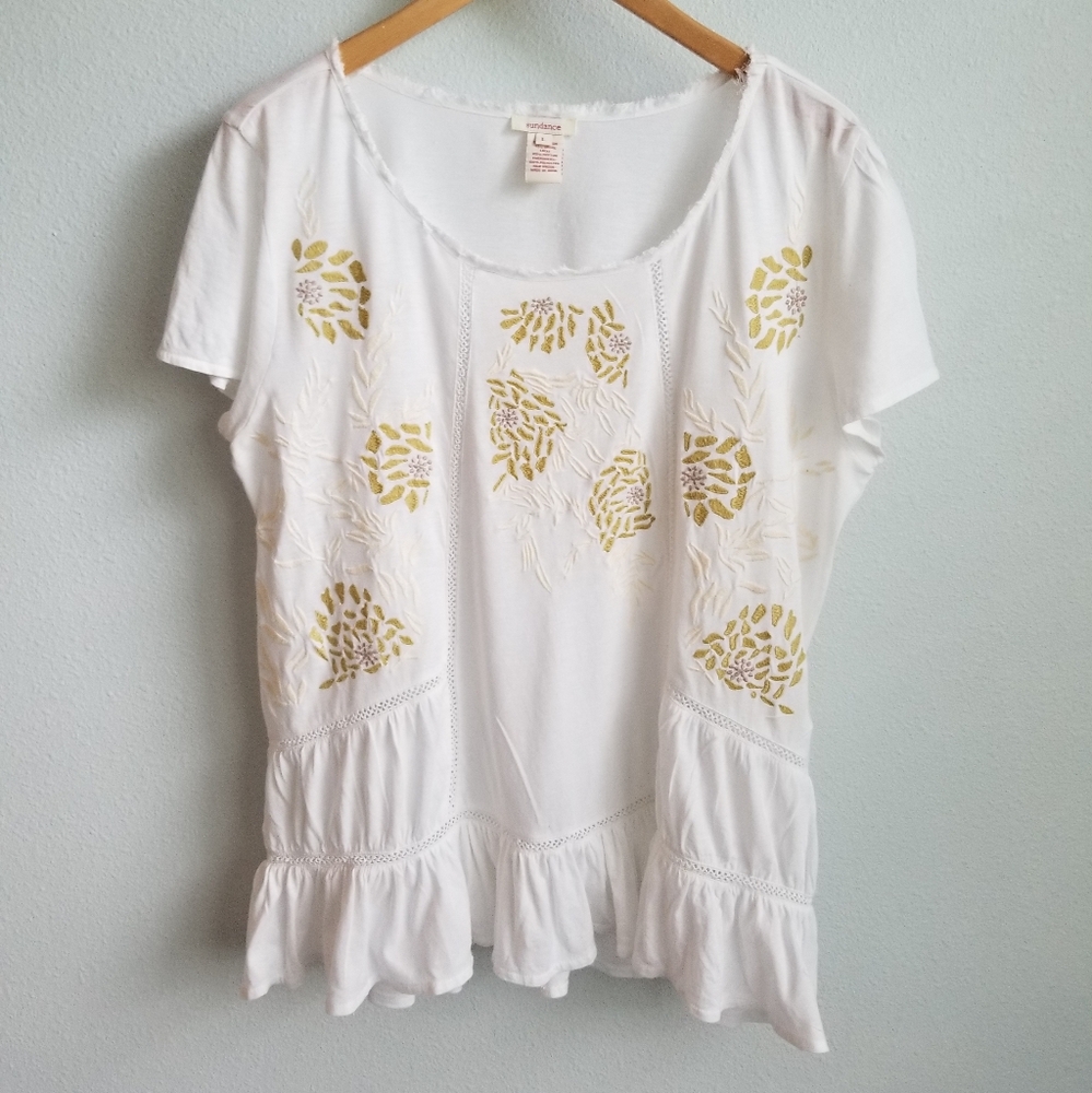SUNDANCE Catalog white embroidered top L
